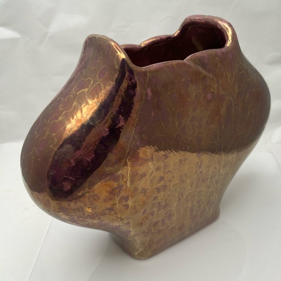 Lusterware Iridescent Glazed Ceramic Vase Planter Pink Gold Accent 8”x10” - Picture 5 of 9